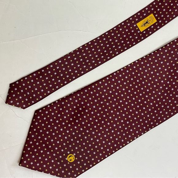 Gucci Designer Vintage Necktie Maroon Gray Squares G Logo 100% Silk - Picture 4 of 10